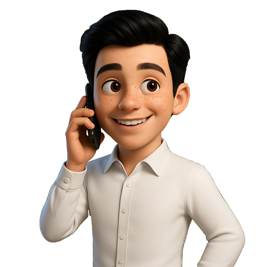 Jeune homme cartoon 3D parlant au téléphone, sur fond vert